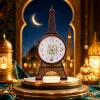 Palm wood frame Eiffel Tower shaped table clock face gold الله calligraphic digital scale diamond decoration Specification image